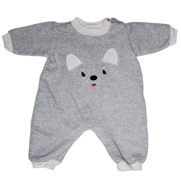 Vintage Small Steps Romper Long-sleeve Gray Cat Face Baby Boys 3-6 Months - Picture 1 of 3